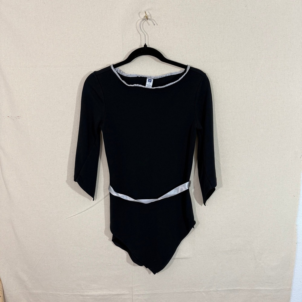 Gap Factory Store Womens XS Black Bodysuit Silver Trim Velcro Belt 3/4 Sleeve